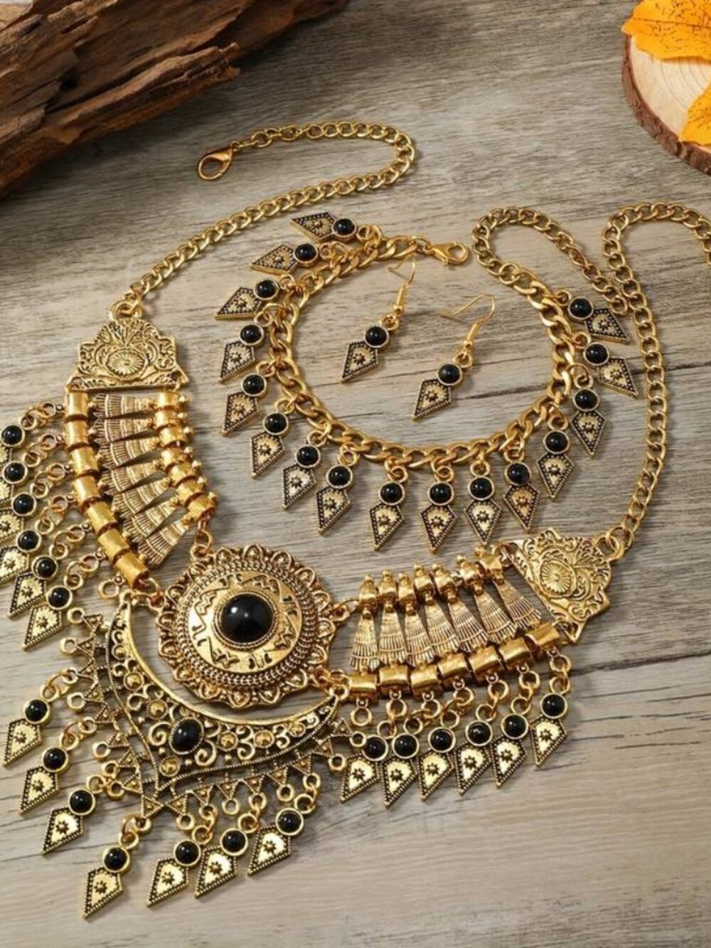 062 Golden Black Tribal Jewelry Retro Design Necklace, Braclet, and Earrings